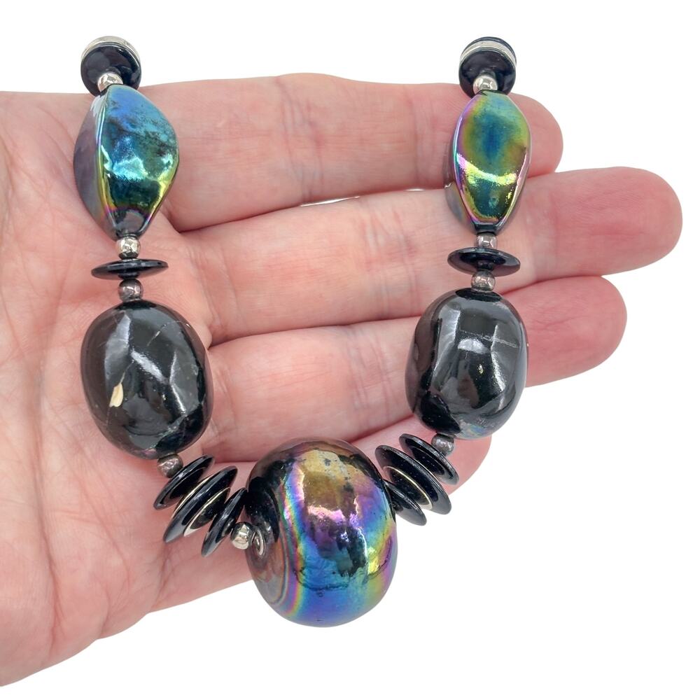 Vintage Sterling Silver 925 Iridescent Glass Beaded Necklace 31"